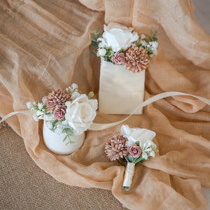 Pearl Dawn - White Rose Boutonniere, Corsage, Pocket Square