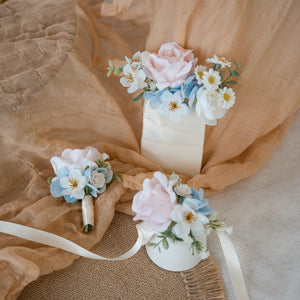 Beloved Blossom - Baby Blue Cherry Blossom Boutonniere, Pocket Square, and Corsage Set